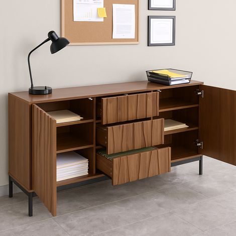 URBAN MEUBLE Classeur de bureau effet grain de bois avec 3 tiroirs et portes doubles 150x40x80cm (1/5)