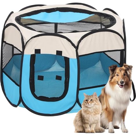 Parc pour Chien, Portable Parc pour Chiens et Chats, Tente Respirante pour l'intérieur et l'extérieur, pour Chats, Chiens, Lapins, Voyage et Camping, 74 x 74 x 43 cm (Beige-Bleu) (1/5)