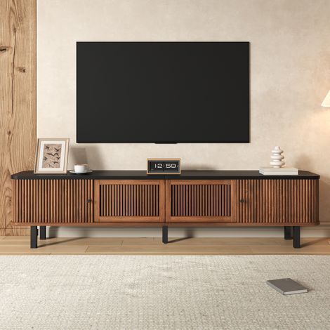 Meuble TV moderne, support TV, panneau TV, meuble TV bas. Deux portes coulissantes, deux portes grillagées, design unique. 190 x 35 x 45 cm (L x l x H) (1/5)