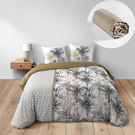 Pack Housse de Couette Dakar 240 x 220 cm + Drap Housse 140x190 cm Beige (1/5)
