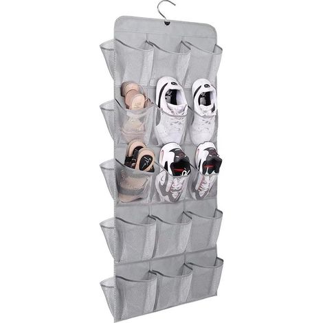 Organisateur à chaussures suspendu en maille avec 30 poches, Porte-manteau rotatif double face pour tringle de placard, Gris (1/5)