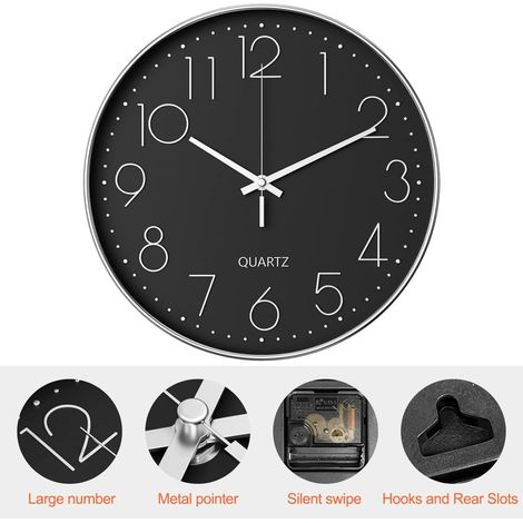 Horloge Murale, 30CM (12 Pouces) Moderne Horloge Murale silencieuse, Mouvement à Quartz, Design Minimaliste Moderne de Noir, pour Salon, Cuisine, Bureau, Chambre(Caractère Argent)