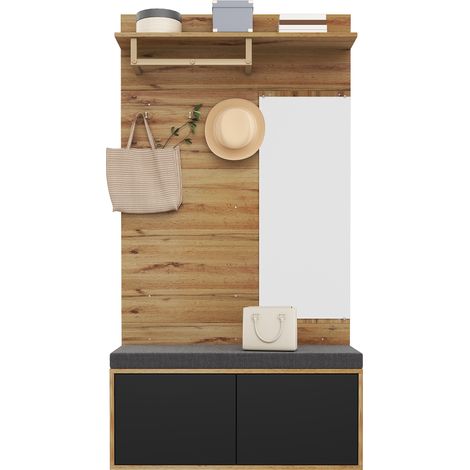 Garde-robe d'entrée avec miroir, banc rembourré, patères et meuble à chaussures 2 portes, rangement mural compact gain de place pour couloir, noir - CHICFURN (1/5)