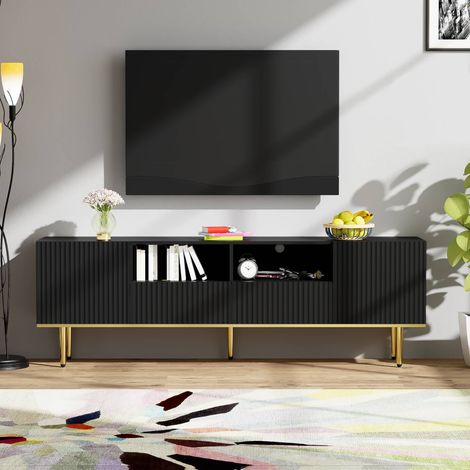 Meuble TV 165 cm, meuble bas de salon avec 2 portes, 2 tiroirs et passe-câbles, en panneaux de particules, noir (1/5)