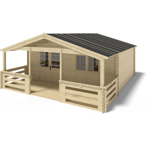 Abri de jardin en bois - 6x5 m + terrasse avec balustrade et avant-toit en bois - 42 m2
