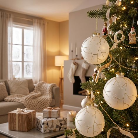 Sfera in vetro e medaglietta color bianco e oro per albero di Natale Ø 10 cm set da 4 (1/4)