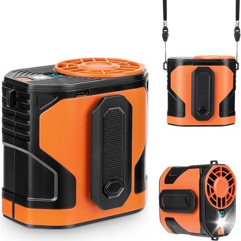 Ventilatore portatile a cinghia 2025 - 100 velocità - Modalità Turbo 20.000 giri/min - Batteria da 5.000 mAh - Torcia LED integrata - Cintura inclusa - Ideale per attività all'aperto (arancione)