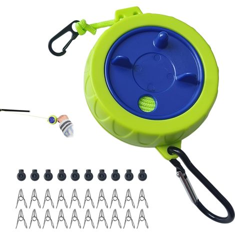 Tendedero retráctil de 10 m, tendedero portátil de poliéster de 4 mm con carcasa de ABS, ganchos metálicos, 10 pinzas y 20 pinzas de acero inoxidable, ideal para camping, balcón, jardín y baño. (1/5)