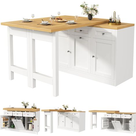 Ausziehbarer Bartisch mit Stauraum, Klappbarer Esstisch mit Schublade & Snackablage, herausziehbarer Mülleimerhalter (Eimer nicht enthalten), platzsparendes Design für kleine Wohnungen, Küche,Weiß