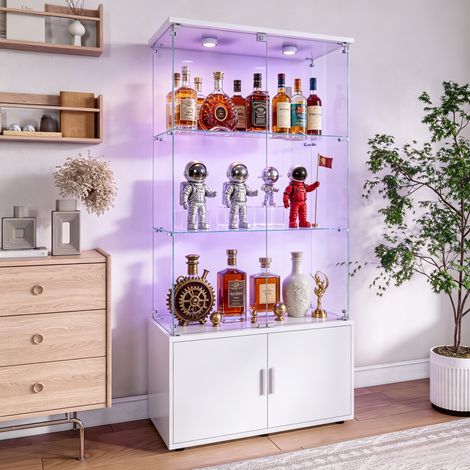 JOOKGBD-Glasvitrine Standvitrine mit LED,Vitrinenschrank aus Holz und Glas,4 Türen 3 Einlegeböden, abschließbarer Glasschrank mit Beleuchtung, Sammelvitrine für Wohnzimmer Bar,Weiß