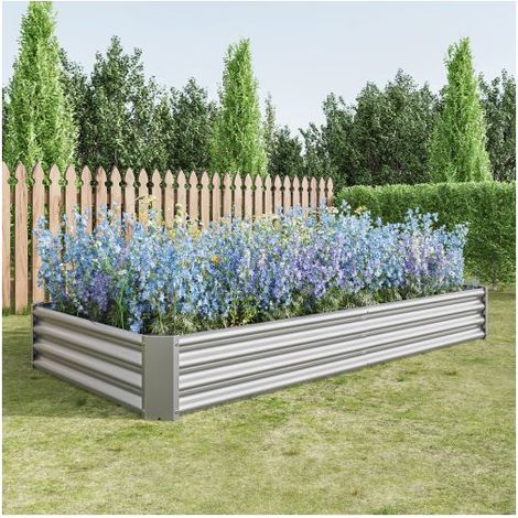 Lit de jardin surélevé d'extérieur, 232 x 113.5 x 30 cm, parterres de fleurs rectangulaires surélevés en métal pour plantes, légumes et fleurs – Argent (1/5)