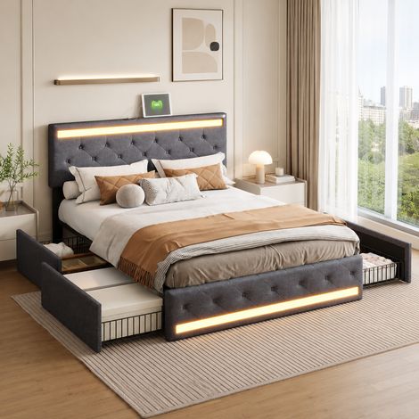 Lit coffre 140 x 200 avec 4 tiroirs–Lit double 140 x 200–Lit adulte–Tête de lit capitonnée–LED et chargement USB–Sommier à lattes–Lin–Gris foncé (1/5)