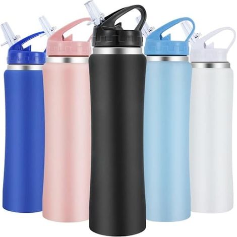 Bouteille d'eau en acier inoxydable de 600 ml avec paille, bouteille à double paroi étanche, garde les boissons chaudes et froides (noire) (1/4)