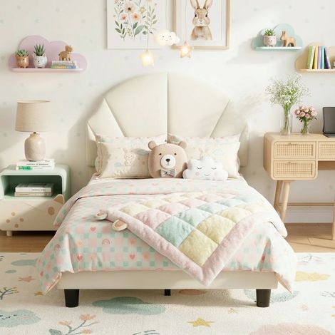 Einzelbett 90x200 cm, Kinderbett, mit verstellbarem muschelförmigem Kopfteil, Samt, Lattenrost, Prinzessinnenbett, Polsterbett, Beige