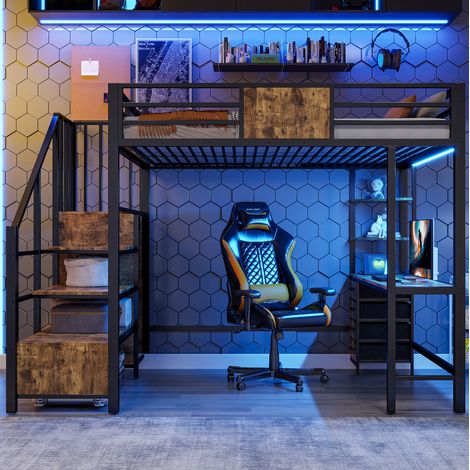 Letto a soppalco 140x200 cm nero in metallo con scrivania e LED (1/5)