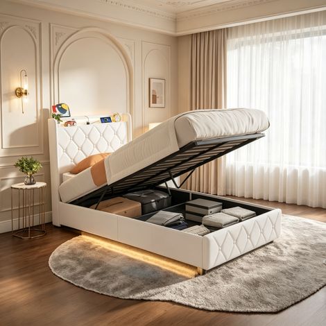 Lit coffre 160x200 cm, avec LED, hydraulique de rangement, sommier à lattes en bois, cadre en métal, Beige (1/5)