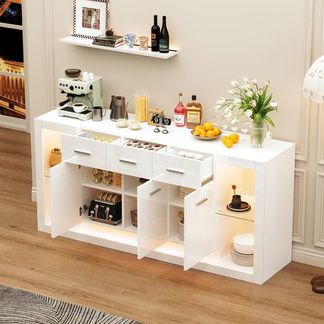 Buffet 160 x 40 x 75 cm, meuble de salon avec éclairage LED et 3 tiroirs, finition laquée brillante, commode à 14 étagères, meuble avec base en verre trempé, blanc (1/5)