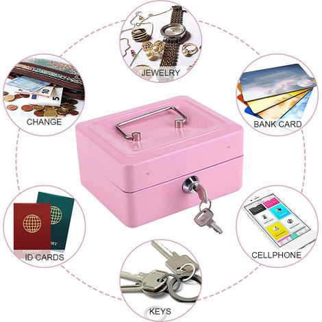 Petty Caisse Sécurité Miniature - Coffret à Clé Portable en Métal pour Bijoux & Argent de Poche (15cm, Rose, 2 Clés)