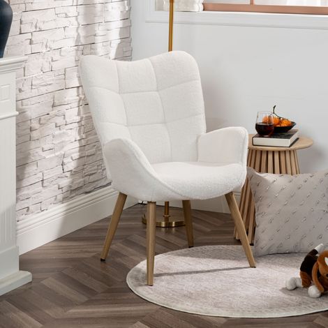Fauteuil scandinave en tissu bouclette blanc et naturel - KINAS