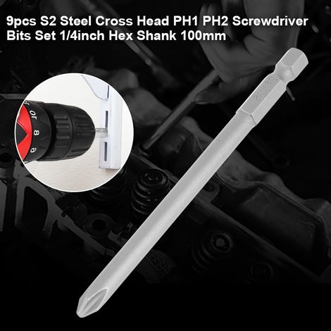 Set mit 9 Kreuzschlitzschraubendreherbits PH1 und PH2 aus S2-Stahl, 1/4-Zoll-Sechskantschaft, 100 mm Länge (1/5)