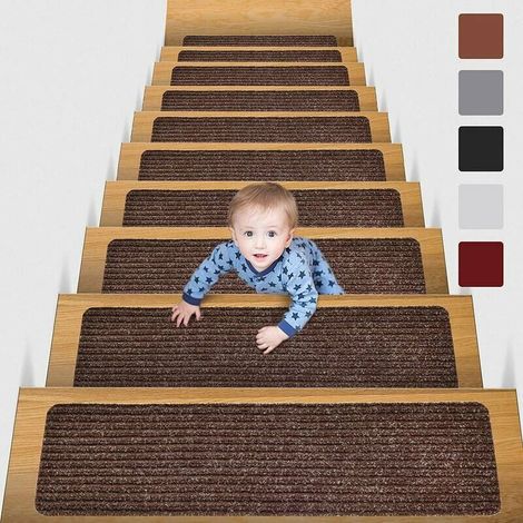20 x 76cm (Pack of 15) Non-Slip Stair Treads Non-Slip Safety Mat Non-Slip Indoor Hallway Rug for Kids, Seniors and Pets with Reusable Adhesive, Brown (1/5)