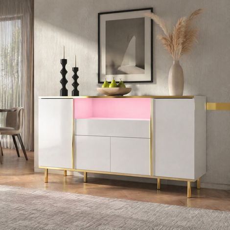 Buffet de cuisine 150 cm avec 4 portes, 1 tiroir et éclairage LED, blanc (1/5)
