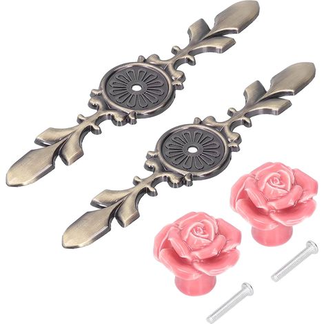Lot de 2 boutons de meuble en céramique en forme de rose, pour tiroir de placard ou de cuisine. (1/5)