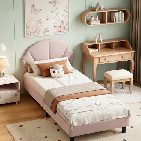 Lit enfant 90x200 cm, lit fille princesse avec tête de lits réglable et sommier à lattes, lit 1 personne rembourré pour enfants et adolescents, velours, rose (1/5)