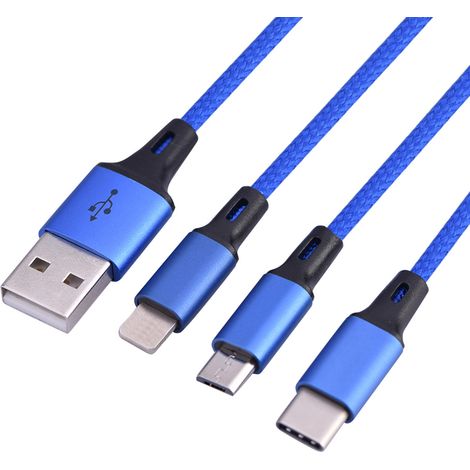3-in-1 Schnellladekabel, 1,2 m für iPhones und Android-Smartphones (Blau) (1/3)