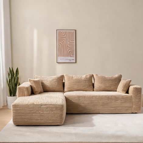 Sofa sectionnel en coin beige avec méridienne tissu côtelé doux (1/5)