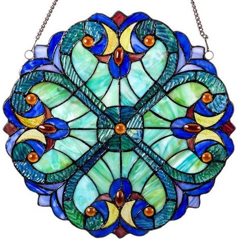 Panneau Vitrail - Cœur Édouardien - Verre Coloré Turquoise et Rouge - Décoration Fenêtre Intérieure - 1 Pièce (1/5)