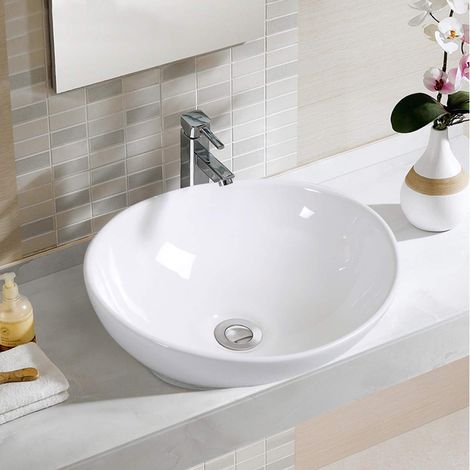COSTWAY Aufsatzwaschbecken Rund, Waschtisch Bad, Waschbecken Keramik, Aufsatzwaschschale mit hohem Rand, Weiss (1/5)