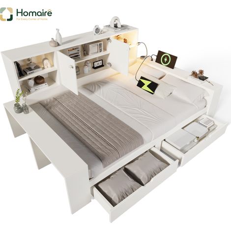 Cadre de lit blanc en mdf avec rangement et port USB 237 x 183 x 100 cm HOMAIRE (1/5)