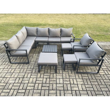 Fimous 11 Seater Outdoor Lounge Corner Sofa Set Aluminum Garden Furniture Sets with Square Coffee Table 2 Chairs 3 Footstools Dark Grey (1/5)