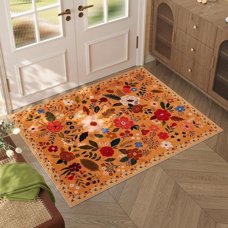 Tapis d'entrée lavable en machine, motif floral, style vintage, poils courts, antidérapant et doux, idéal pour le couloir, l'entrée ou la cuisine, beige et rose, 40 x 60 cm, orange (1/4)