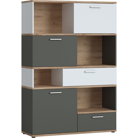 Regal Highboard in Eiche Nb. mit weiß und grau TOMAR-129, B/H/T ca. 115/168/40 cm (1/5)
