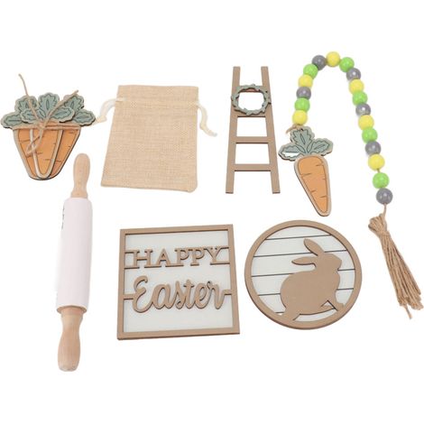 Décoration de plateau de Pâques : lapin, carotte, fil, perle, rouleau à pâtisserie, échelle, plateau de Pâques en bois (1/5)