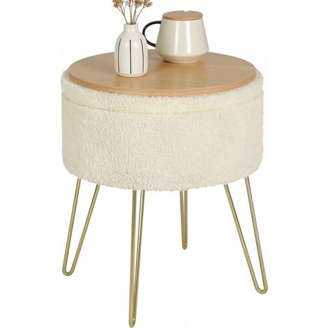 Pouf de rangement rond beige en tissu doux avec plateau MDF, coffre 13,5 L, charge 300 kg, Ø39 x H44 cm, pour salon ou chambre - CHICFURN (1/5)