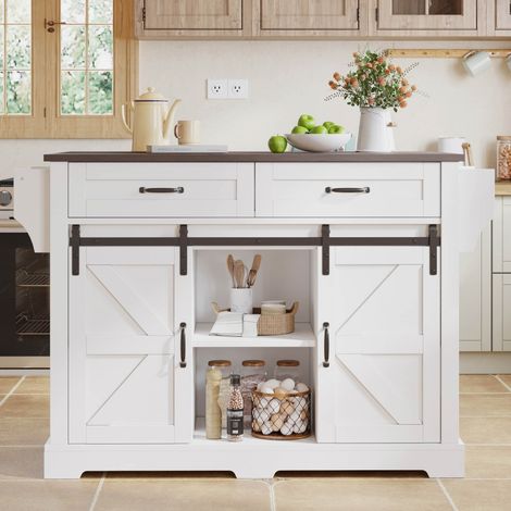 Desserte de cuisine-sur roulettes-plan rabattable-2 portes coulissantes-2 tiroirs-style grange-blanc-120x45(70)x91cm