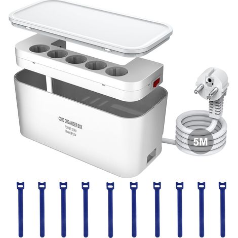 Boîte de Rangement avec Bloc Multiprise Electrique, Multiprise 5 Prises avec 3 USB, Multiprise avec Interrupteur 5m Câble, Adaptateur de Boîte de Rangement, 29,5  14  14CM, Blanc (1/5)