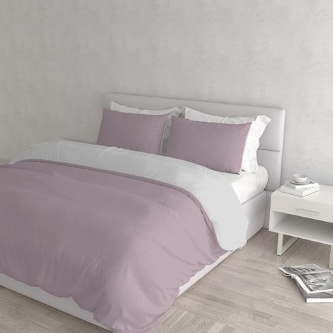 Housse de couette double-face couleur unie avec taies d'oreiller, 100 % Coton, Rose/Gris Clair (1/5)