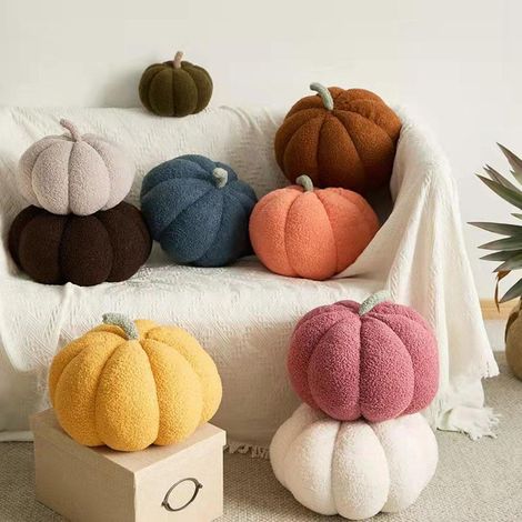 Coussin décoratif citrouille colorée pour Halloween et Thanksgiving, 35 cm / 14 pouces, en peluche verte, diamètre 35 cm. (1/4)