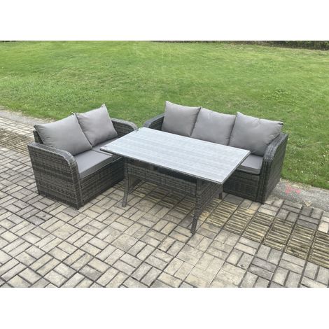 Fimous Outdoor Garden Patio Furniture Wicker Rattan Oblong Rectangular Dining Table and Lounge Sofa set Dark Grey Mixed (1/5)