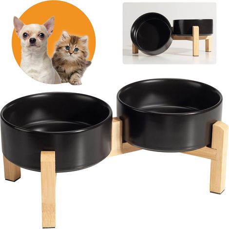 Ceramic Raised Dog Cat Bowl - Set of 2 Bowls with Bamboo Stand - Ideal for Food and Water - Double Bowls for Small Dogs - 2 x 480 ml (1/5)