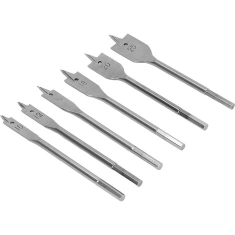 6-teiliges Spatenbohrer-Set aus hochkohlenstoffhaltigem Stahl mit 3 Schneidkanten und Sechskantschaft, silberfarben, für Holzbearbeitung. (1/5)