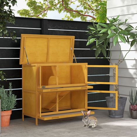 Jaula para conejos de 2 niveles fabricada en madera de abeto y betún con rampa, 2 bandejas extraíbles, 4 puertas, 97x44x91 cm, amarilla