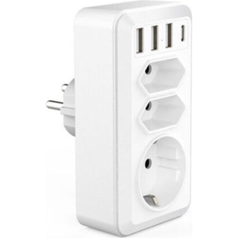 Multiprise USB 7 en 1 avec 3 prises secteur (16 A, 3 800 W), 3 ports USB 5 V/3,4 A et 1 port USB-C. Idéale pour la maison, le bureau et les voyages. Compatible avec les téléphones.
