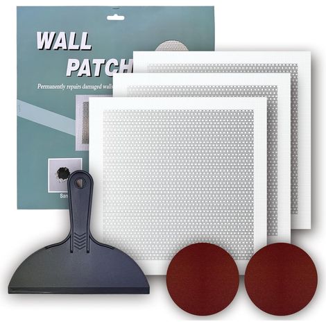 3-teiliges Trockenbau-Reparaturset mit 30 x 30 cm großen, selbstklebenden Flicken für Löcher und Risse. Inklusive Schleifpapier und Spachtel für schnelle Wandreparaturen.