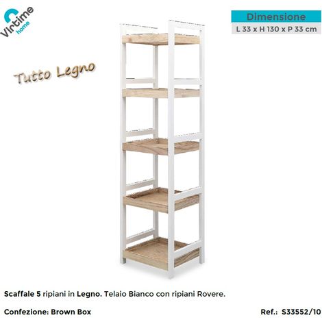 Scaffale in Legno Multiuso 5 Ripiani Bianco Rovere 33 x 130 x 33 cm (1/2)