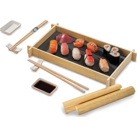 Set Sushi per 2 persone con vassoio in ardesia e bambù - Misura 35x20 cm - Servizio orientale da 7 pezzi:  1 vassoio, 2 bacchette, 2 supporti per bacc (1/5)